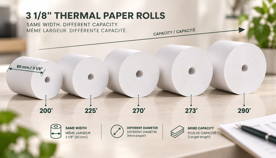 3 1/8 Thermal Paper Rolls: 200, 225, 230, 270, 273, 290 & 292 ft