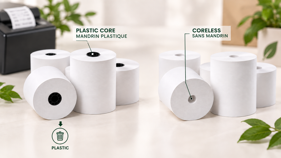 Coreless and cored thermal paper rolls shown side by side