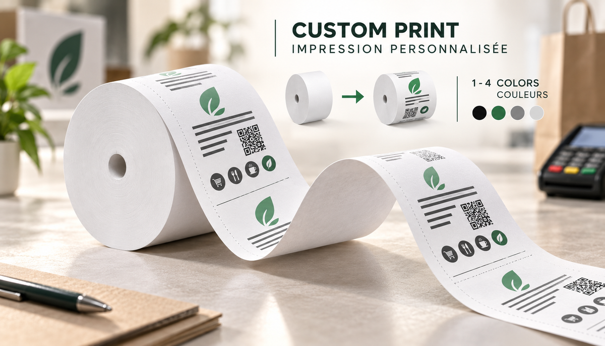 Custom printed receipt paper rolls with flexographic branding and QR code examples