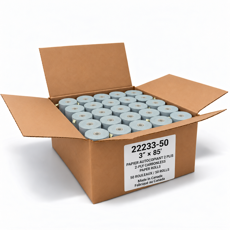 3" × 85' 2-Ply Carbonless Paper Rolls — 50 Rolls