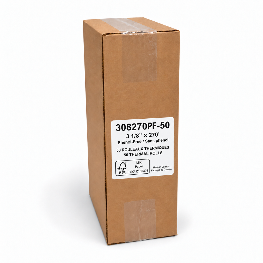 Papier thermique 3 1/8 × 270 pi sans phénol préimprimé FSC coreless — 50 rouleaux