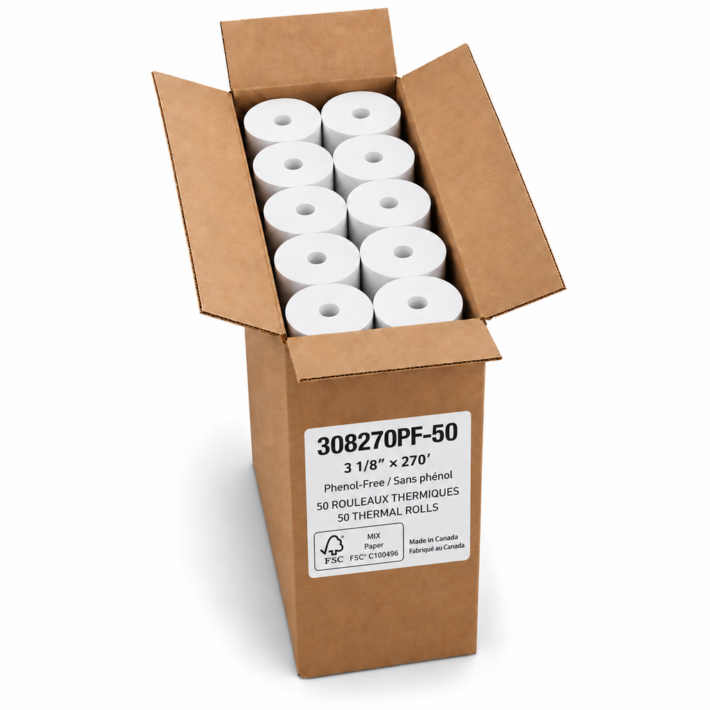 Papier thermique 3 1/8 × 270 pi sans phénol préimprimé FSC coreless — 50 rouleaux
