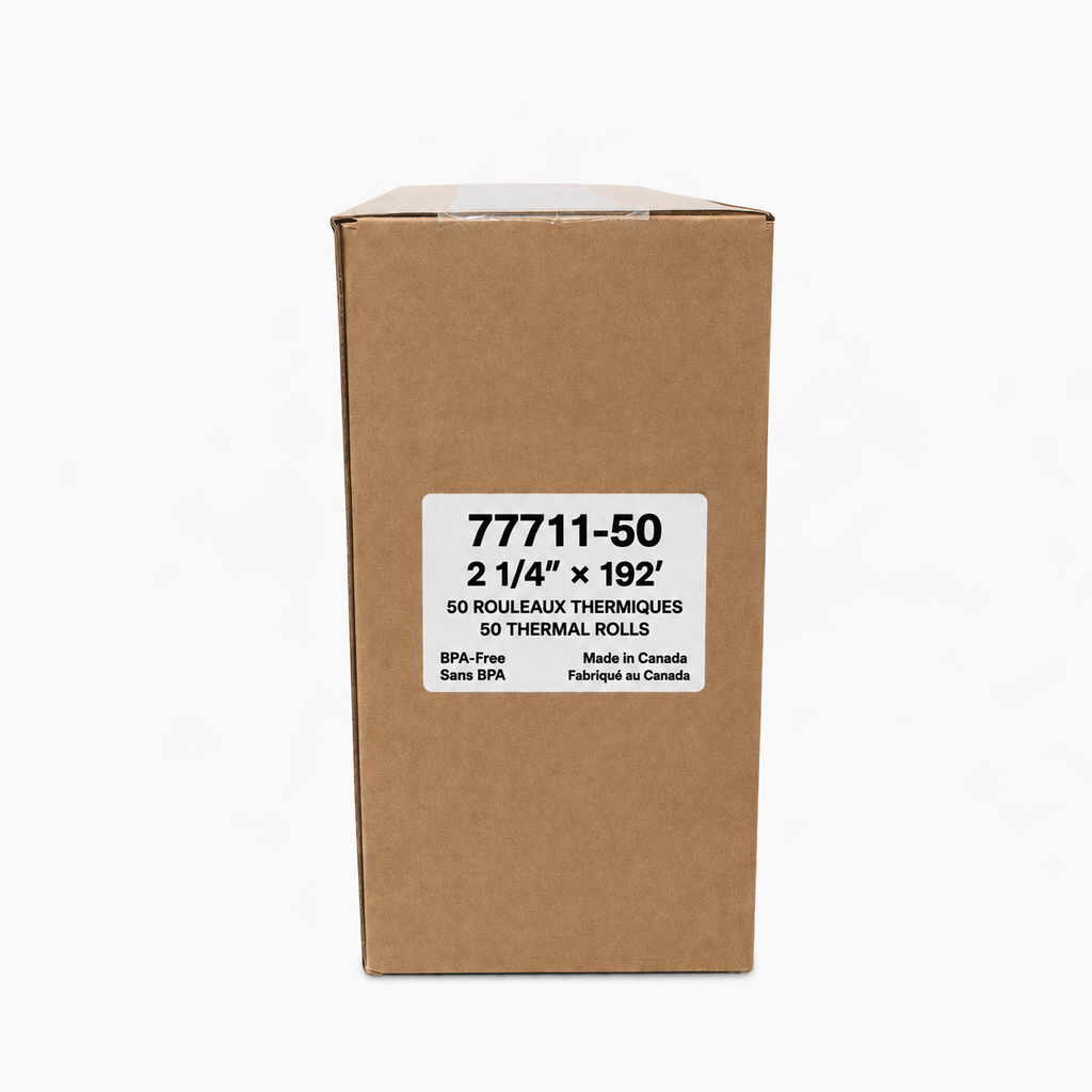 77711-50 2 1/4 x 192 ft thermal paper roll with 0.5 in plastic core and 67 mm outside diameter