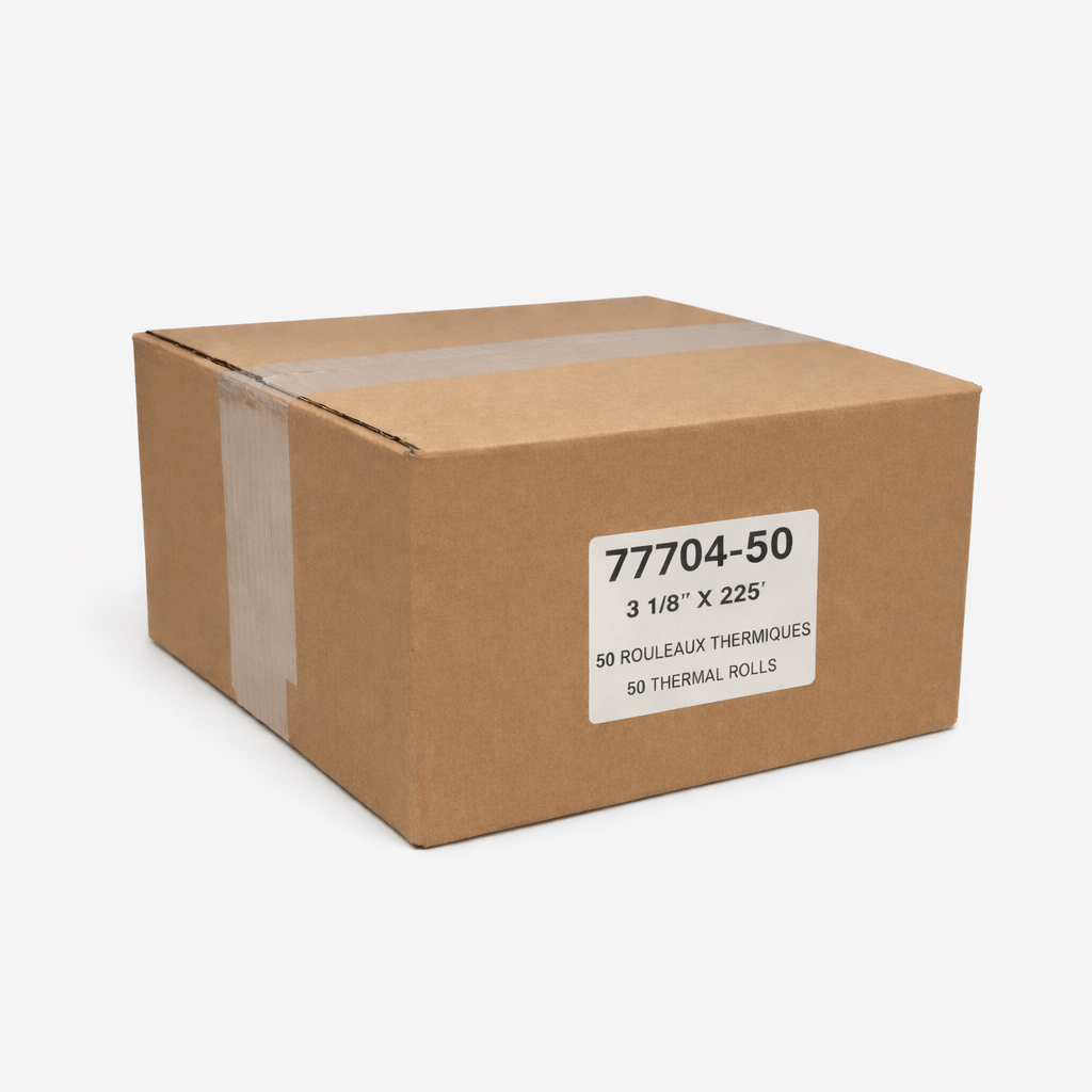 Closed box of 3 1/8 x 225 55 GSM BPA-free thermal paper rolls for POS systems, featuring coreless eco-friendly design, 50 rolls per box. 