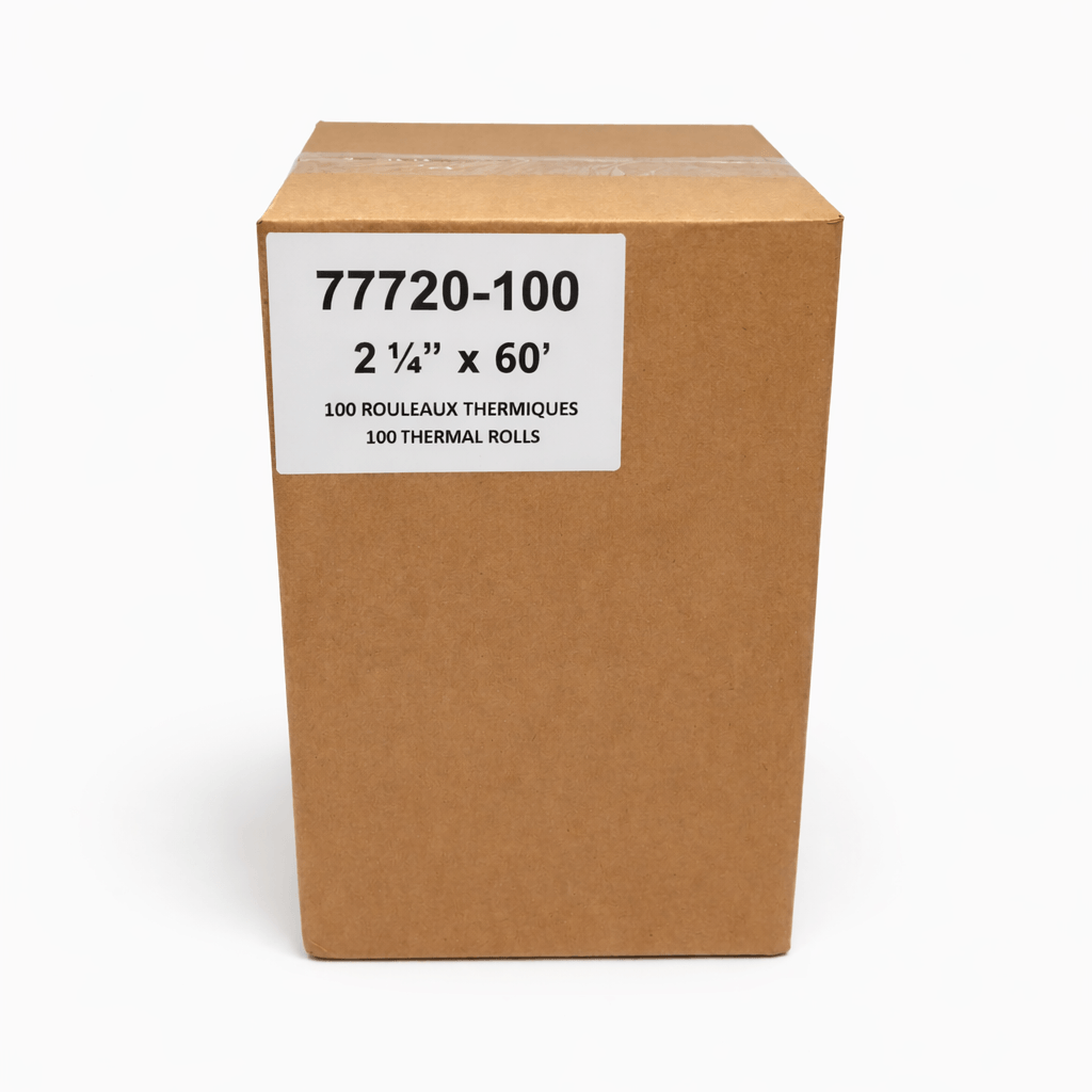 Opened cardboard box filled with rolls of white thermal paper, labeled with dimensions and product code. 2 1/4 x 60 ft. 55 gsm. 100 rolls.