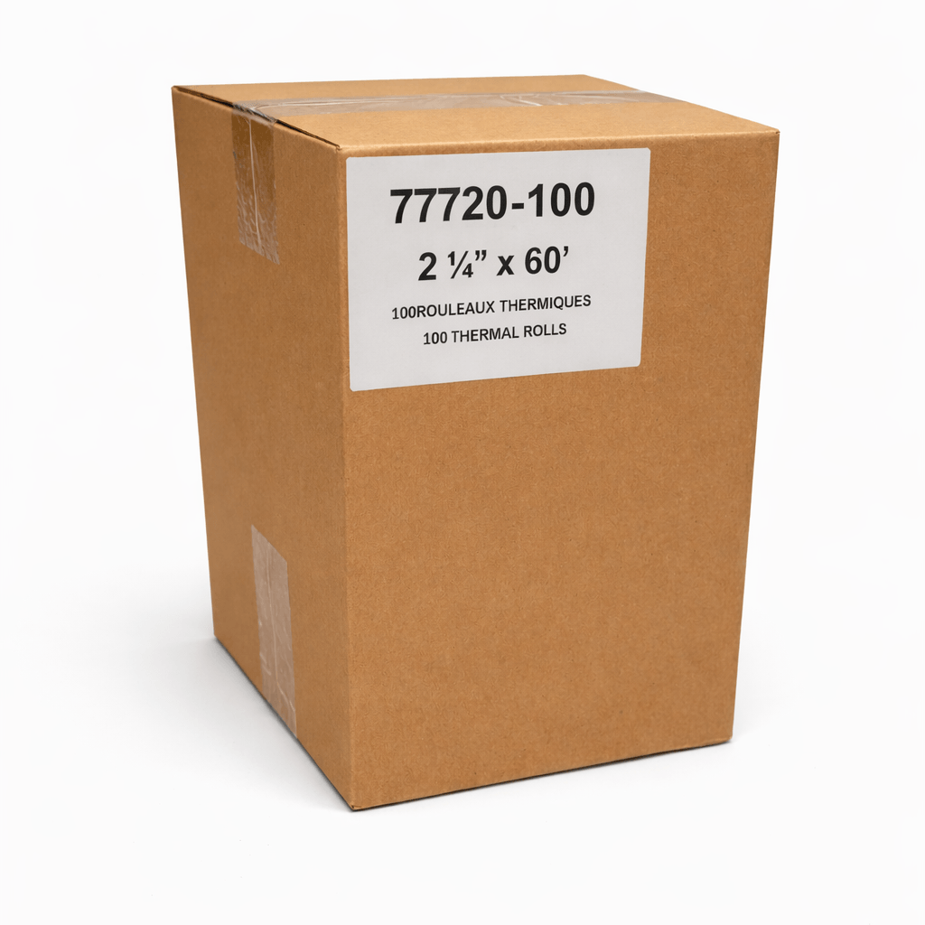 Cardboard box filled with rolls of white thermal paper, labeled with dimensions and product code. 2 1/4 x 60 ft. 55 gsm. 100 rolls.