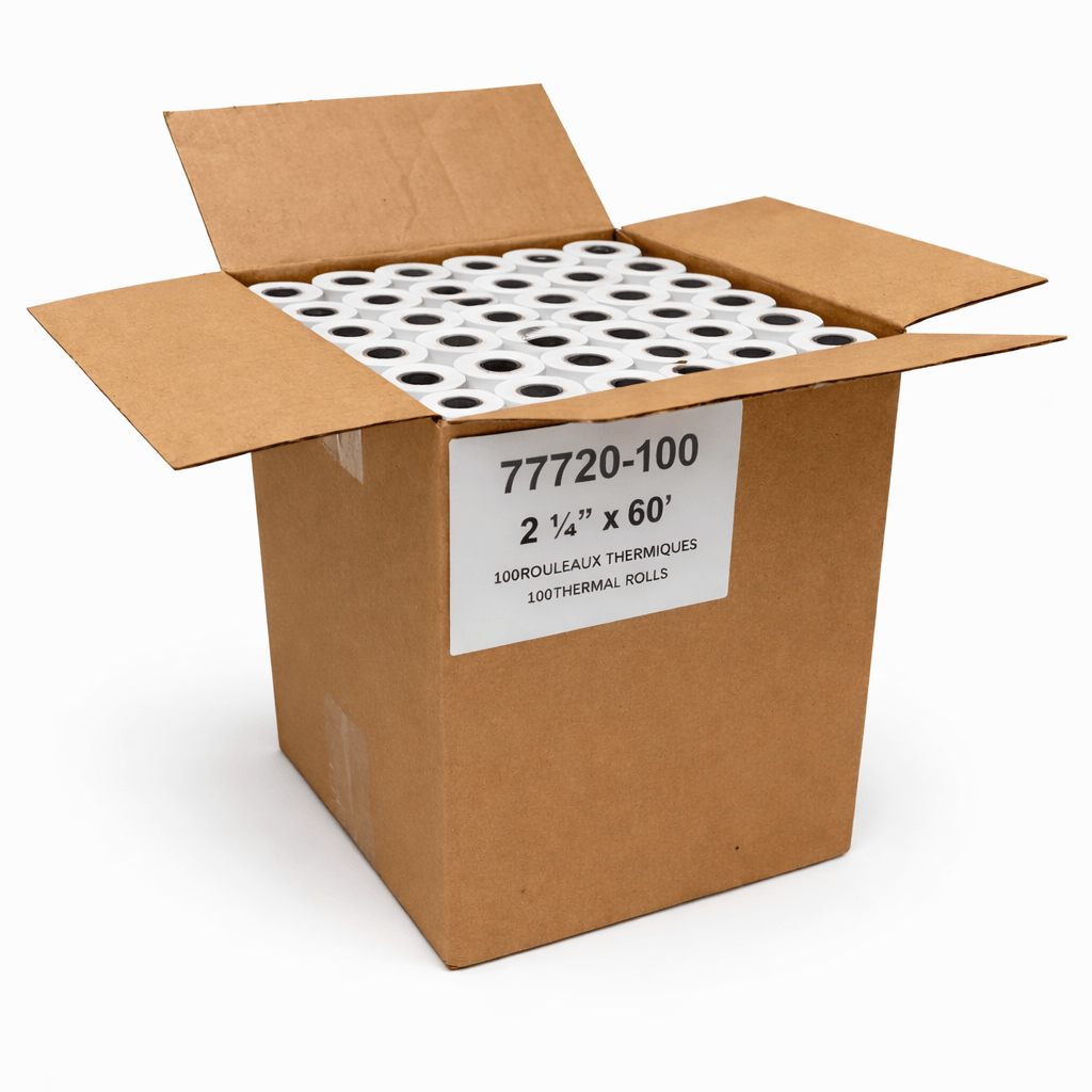 Opened cardboard box filled with rolls of white thermal paper, labeled with dimensions and product code. 2 1/4 x 60 ft. 55 gsm. 100 rolls.