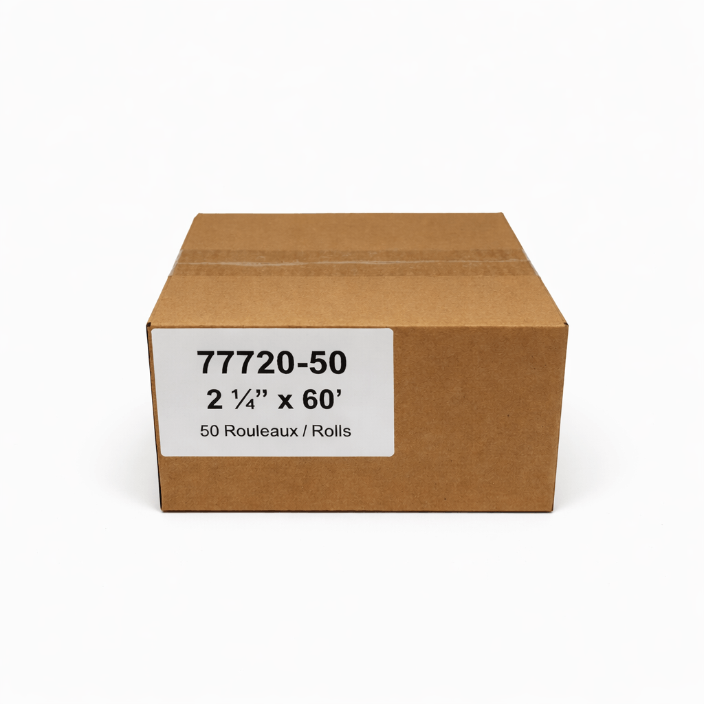 Brown cardboard box filled with rolls of white thermal paper, labeled with dimensions and product code. 2 1/4 x 60 ft. 55 gsm. 50 rolls.