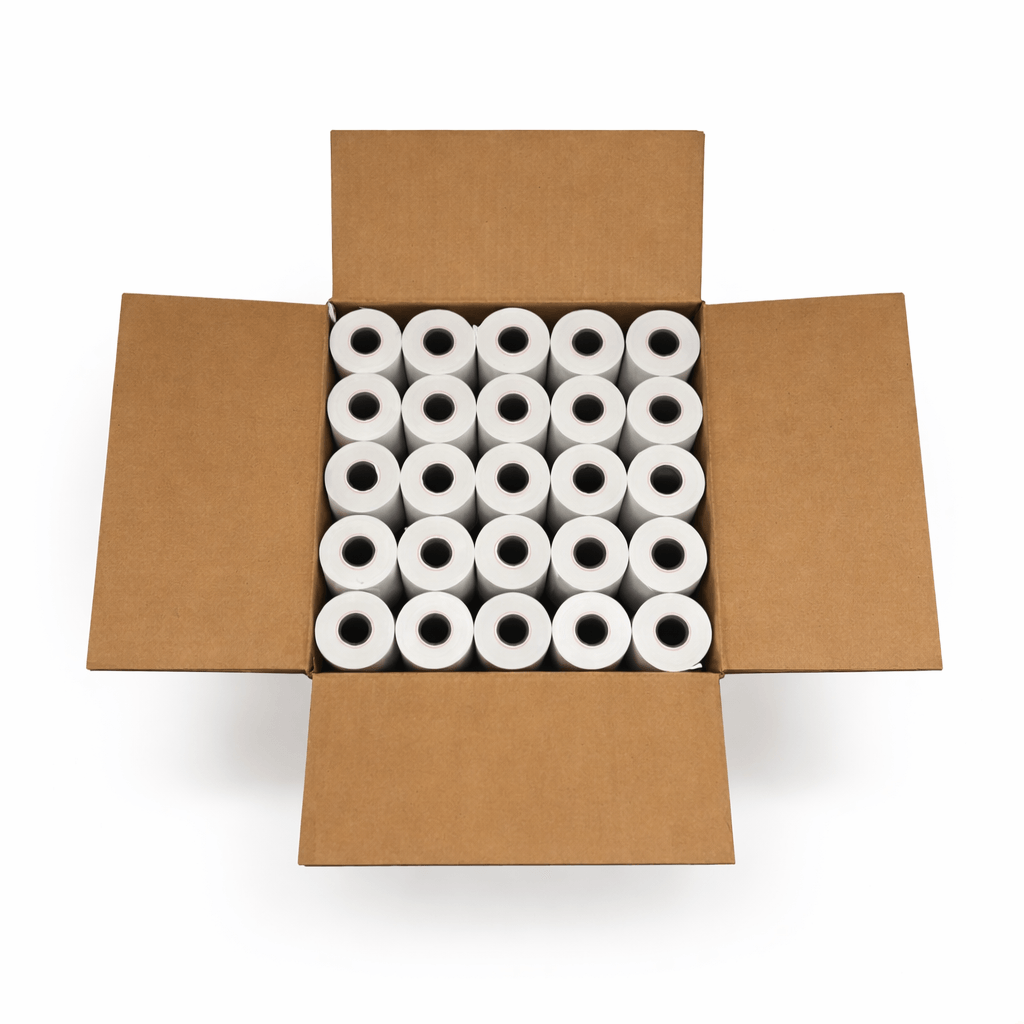 Opened cardboard box filled with rolls of white thermal paper, labeled with dimensions and product code. 2 1/4 x 60 ft. 55 gsm. 50 rolls.
