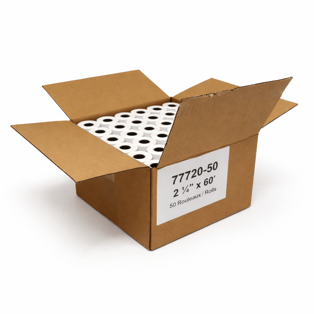 Opened cardboard box filled with rolls of white thermal paper, labeled with dimensions and product code. 2 1/4 x 60 ft. 55 gsm. 50 rolls.