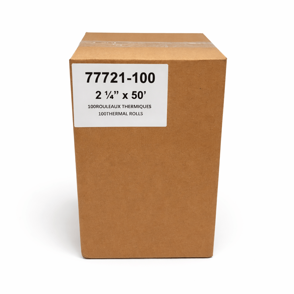 Brown cardboard box filled with rolls of white thermal paper, labeled with dimensions and product code. 2 1/4 x 50 ft. 55 gsm. 100 rolls.