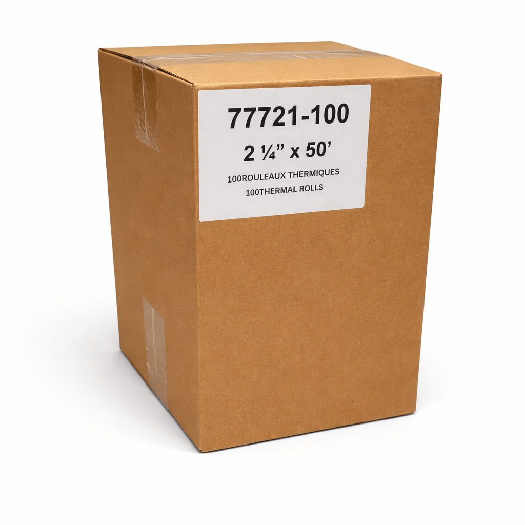 Brown cardboard box filled with rolls of white thermal paper, labeled with dimensions and product code. 2 1/4 x 50 ft. 55 gsm. 100 rolls.