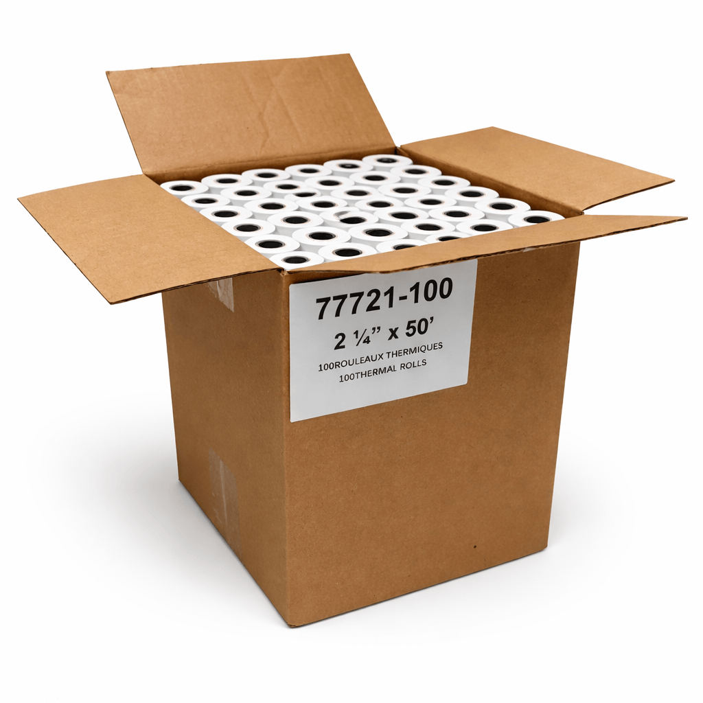 Opened brown cardboard box filled with rolls of white thermal paper, labeled with dimensions and product code. 2 1/4 x 50 ft. 55 gsm. 100 rolls.