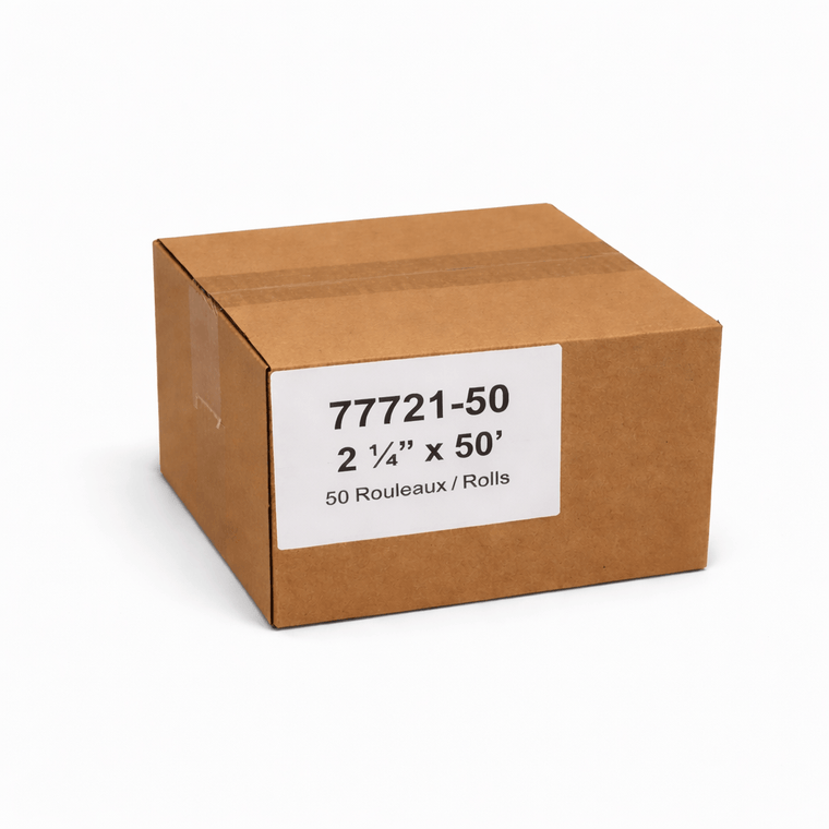 Boîte étiquetée pour rouleaux thermiques 2 1/4 po × 50 pi sans BPA
