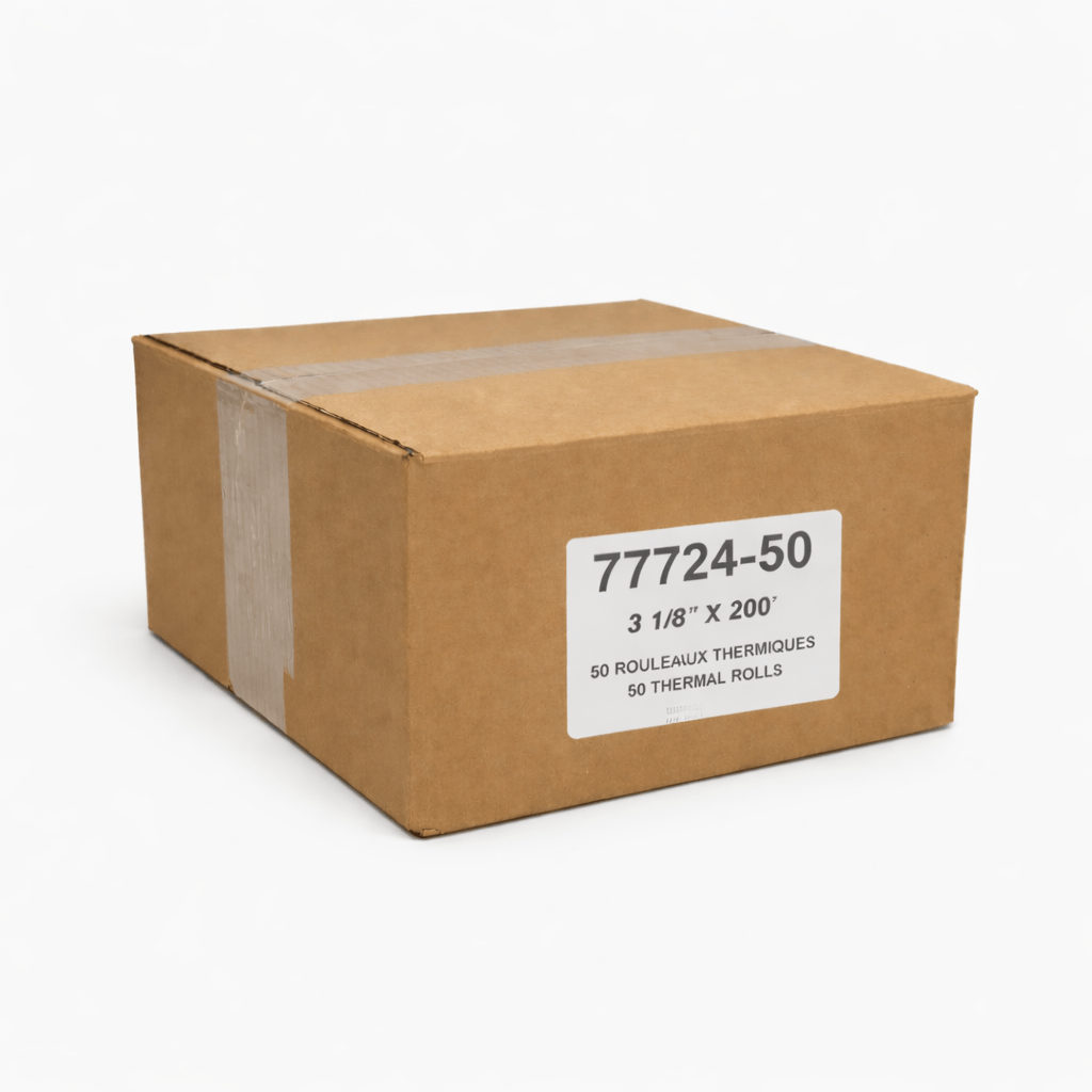 Closed box of 3 1/8 x 200 55 GSM BPA-free thermal paper rolls for POS systems, featuring coreless eco-friendly design, 50 rolls per box. 