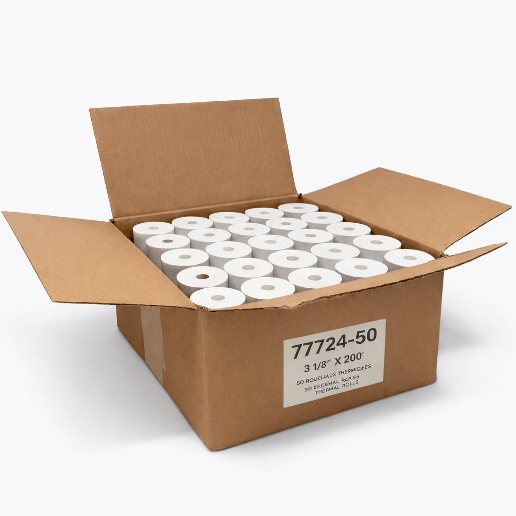 Cardboard box filled with rolls of white thermal paper, labeled with dimensions and product code. 3 1/8 x 200 ft. 55 gsm. 50 rolls.