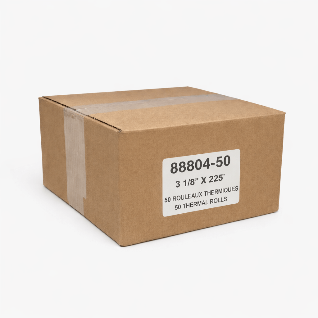 Closed box of 3 1/8 x 225 48 GSM BPA-free thermal paper rolls for POS systems, featuring coreless eco-friendly design, 50 rolls per box. 