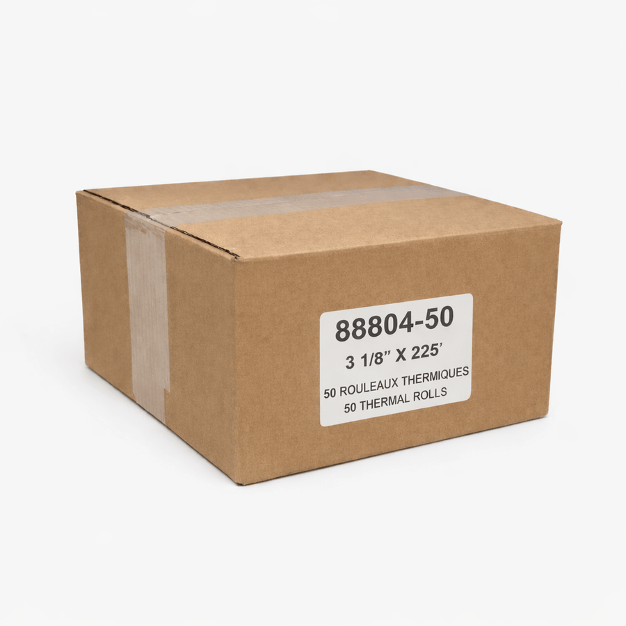 Case labelled for 3 1/8 × 225 ft BPA-free thermal paper rolls