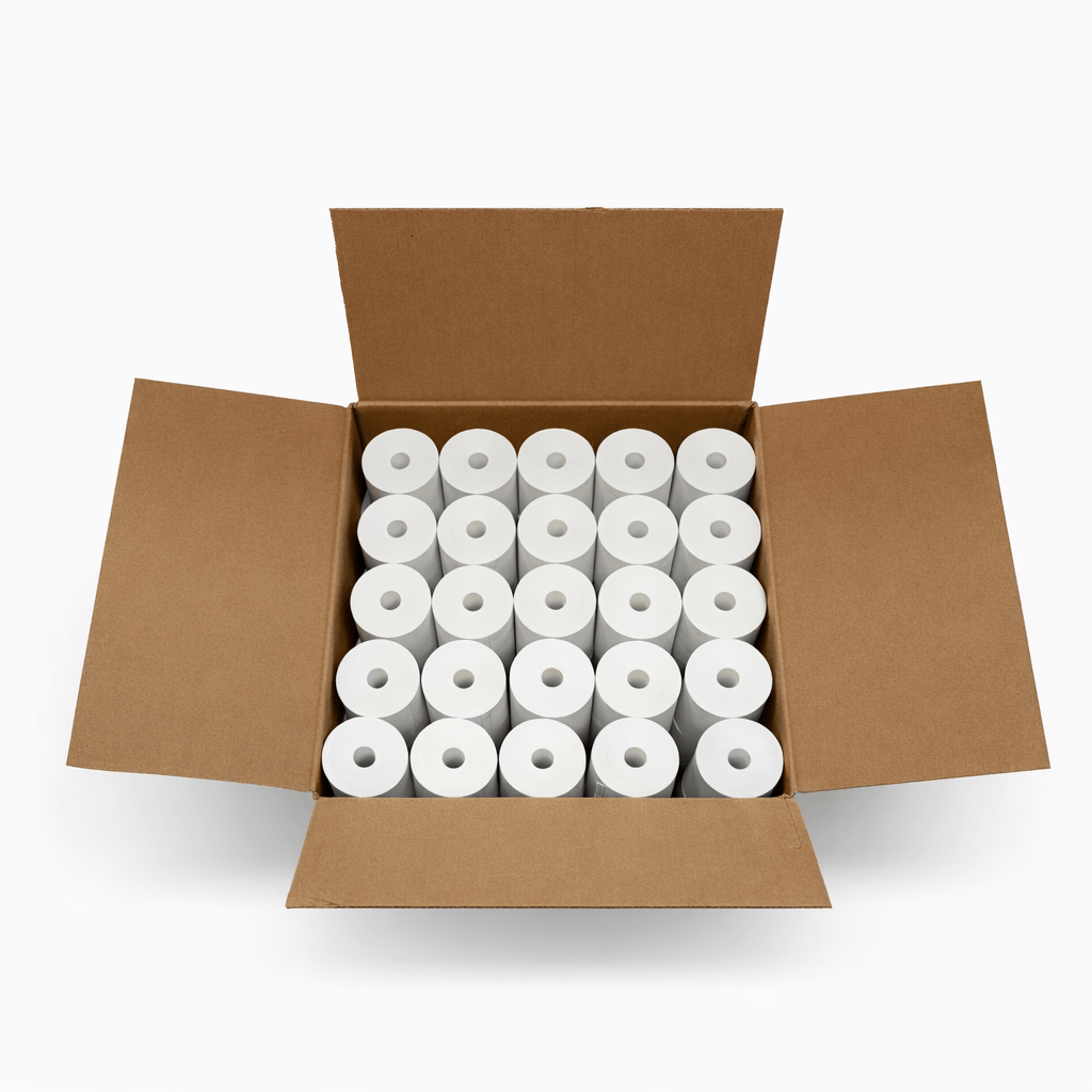 Opened box of 3 1/8 x 225 BPA-free thermal paper rolls for POS systems, featuring coreless eco-friendly design, 50 rolls per box. 