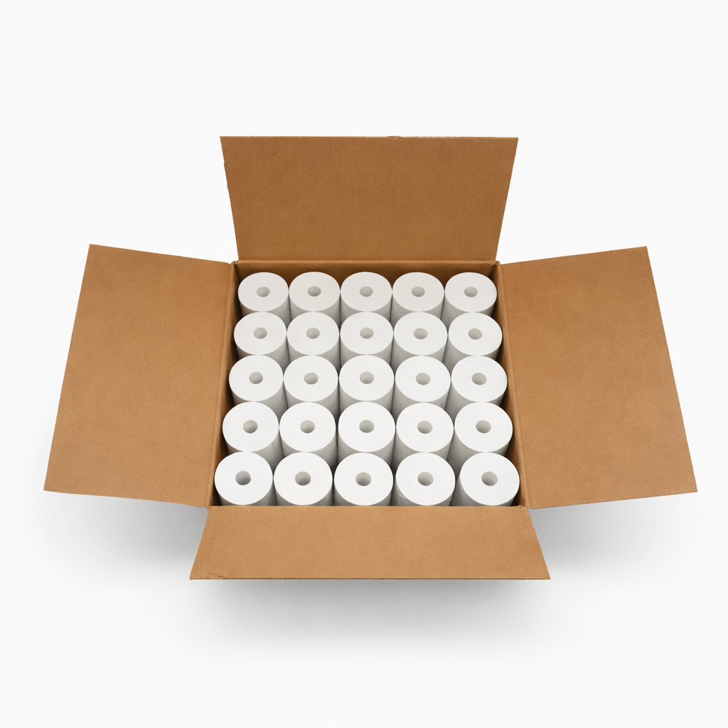 Cardboard box filled with coreless rolls of white thermal paper. 3 1/8 x 225 ft. 48 gsm. 50 rolls.