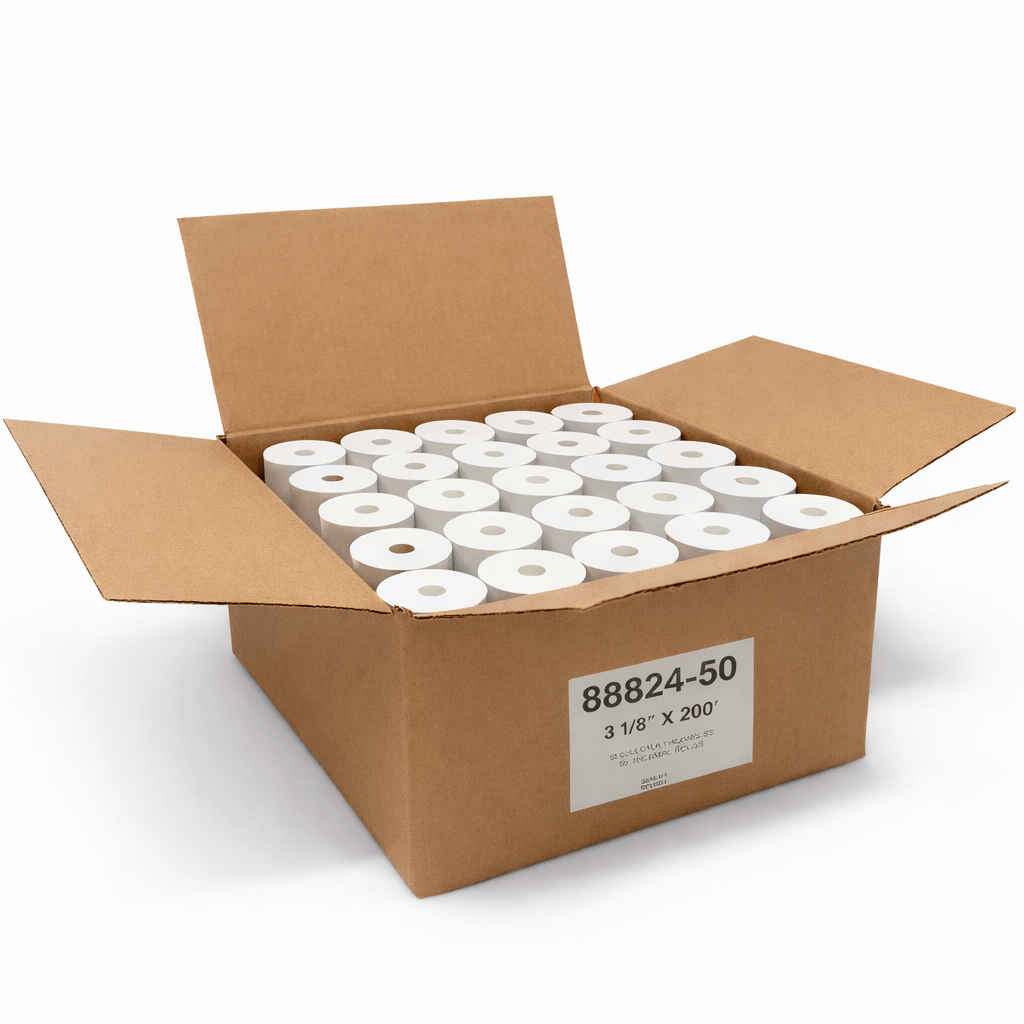 Opened box of 3 1/8 x 200 BPA-free thermal paper rolls for POS systems, featuring coreless eco-friendly design, 50 rolls per box. 