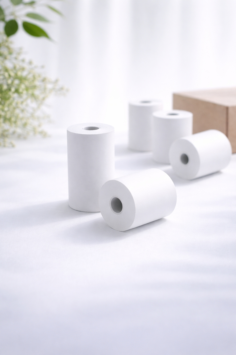 White paper rolls on a light surface with a blurred plant in the background