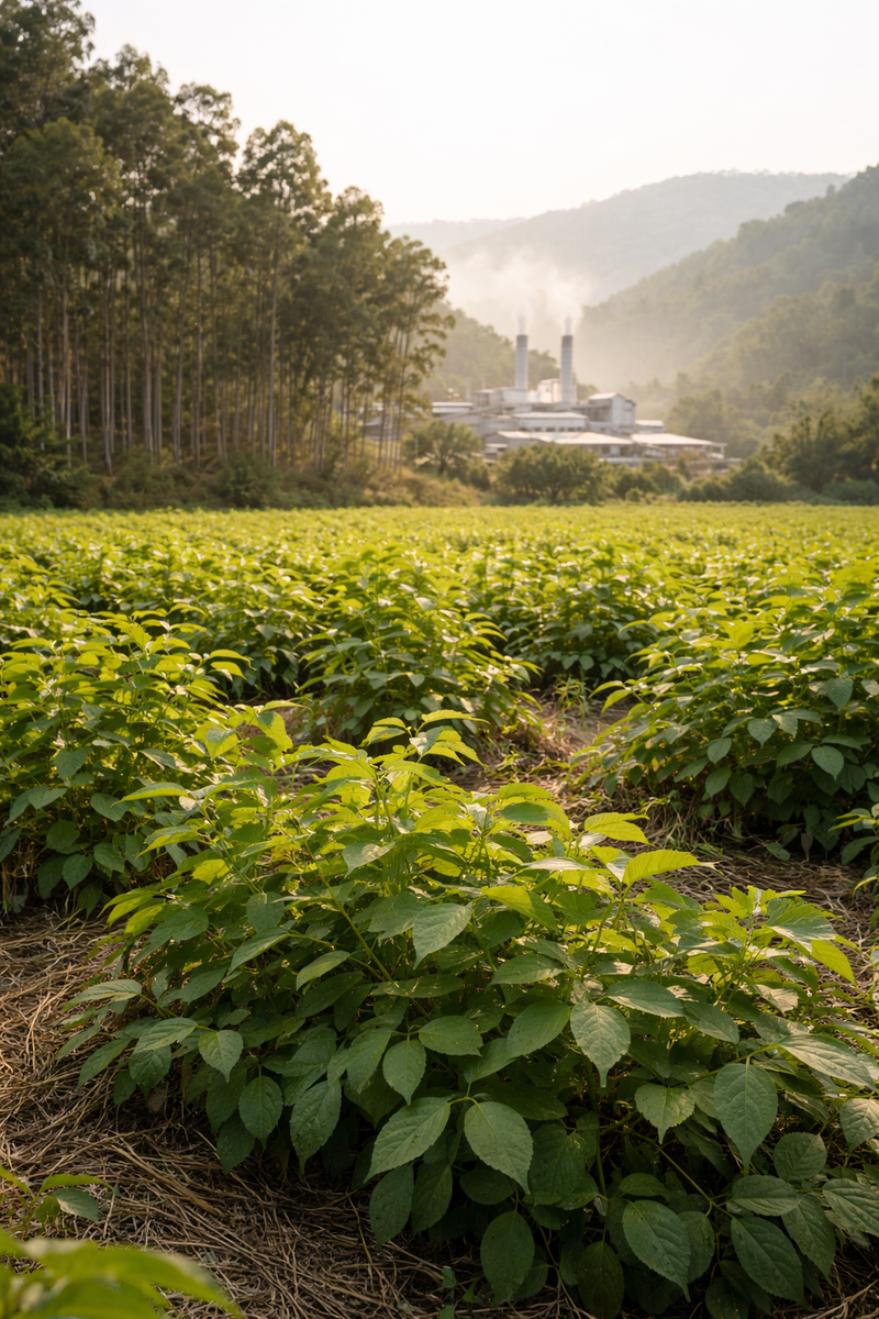 Field of eucalyptus with a paper pulp factory in the background