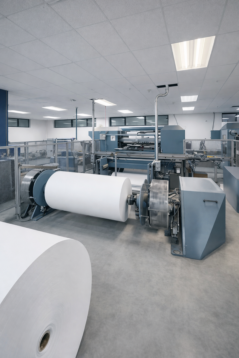Industrial stillering press setup in a large room with white walls and gray flooring. 