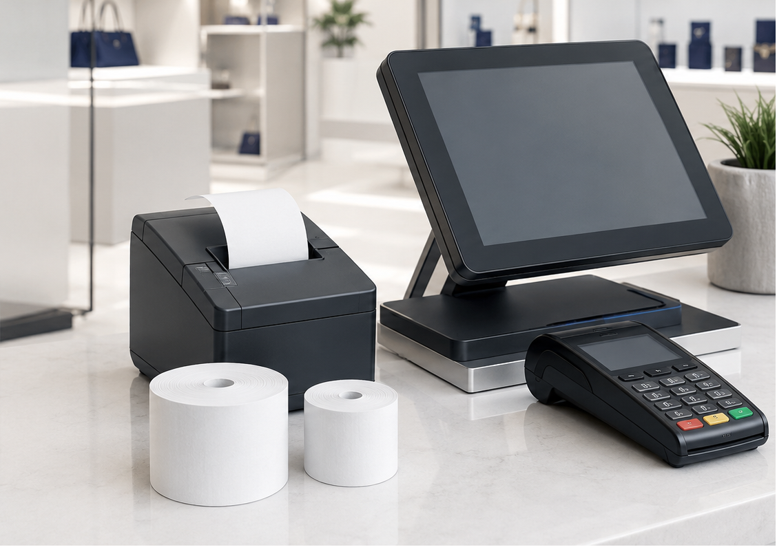 Imprimante de reçus, écran tactile et terminal à côté de rouleaux
