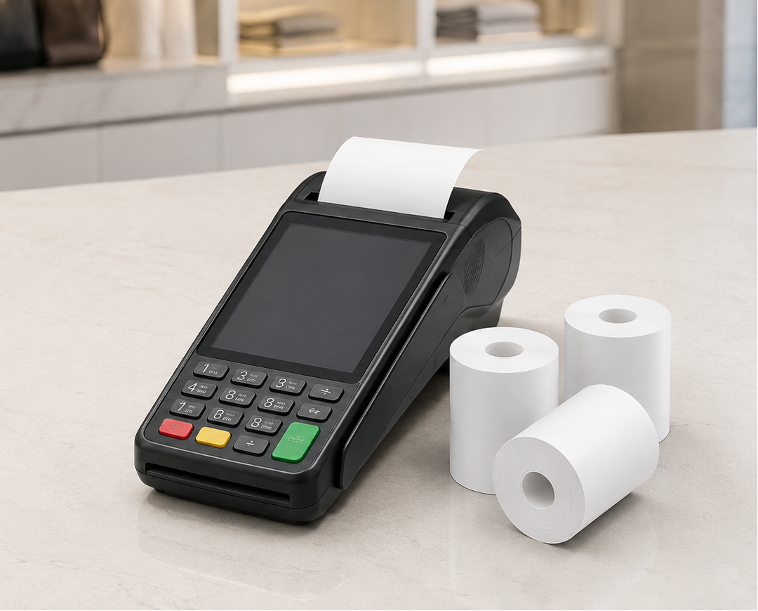 Terminal de paiement et trois rouleaux compacts