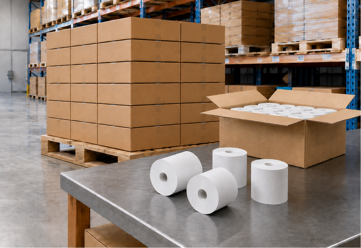 Pallet of boxes and paper rolls on a warehouse worktable