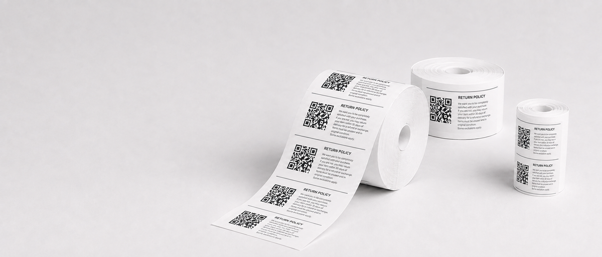 Sample custom-printed paper rolls with QR codes