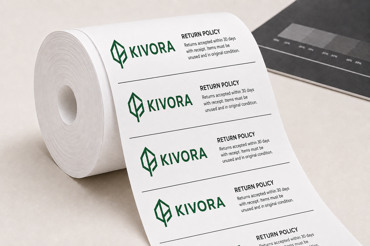 Sample paper roll printed with a green logo