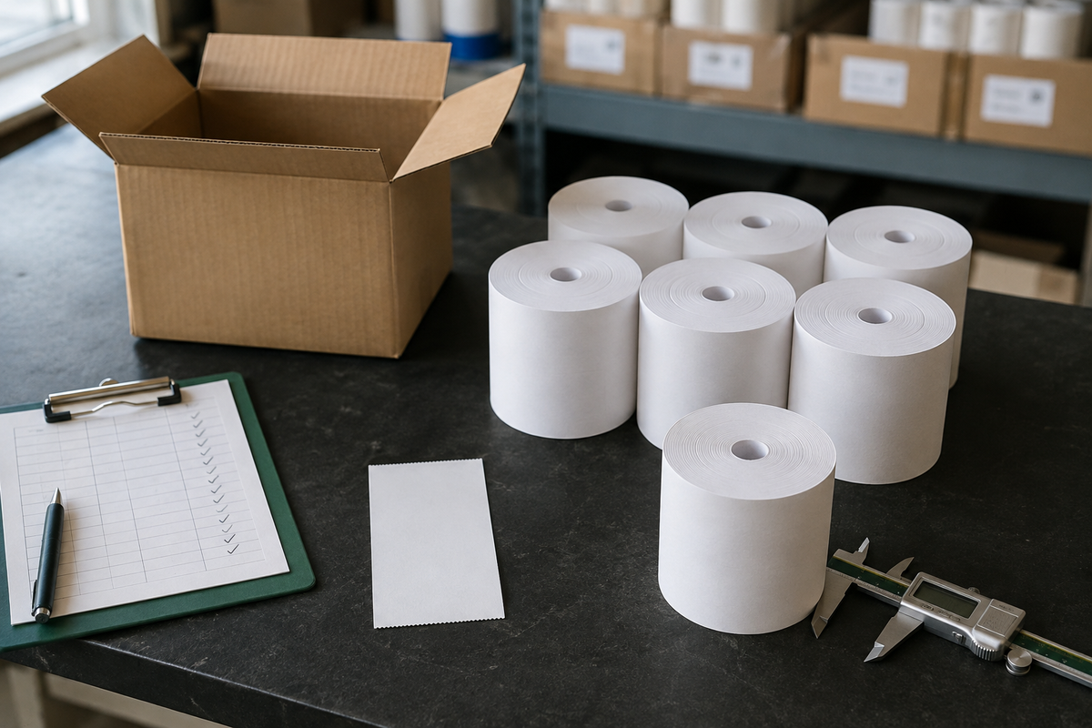 Rouleaux, boîte ouverte et outils de mesure sur une table