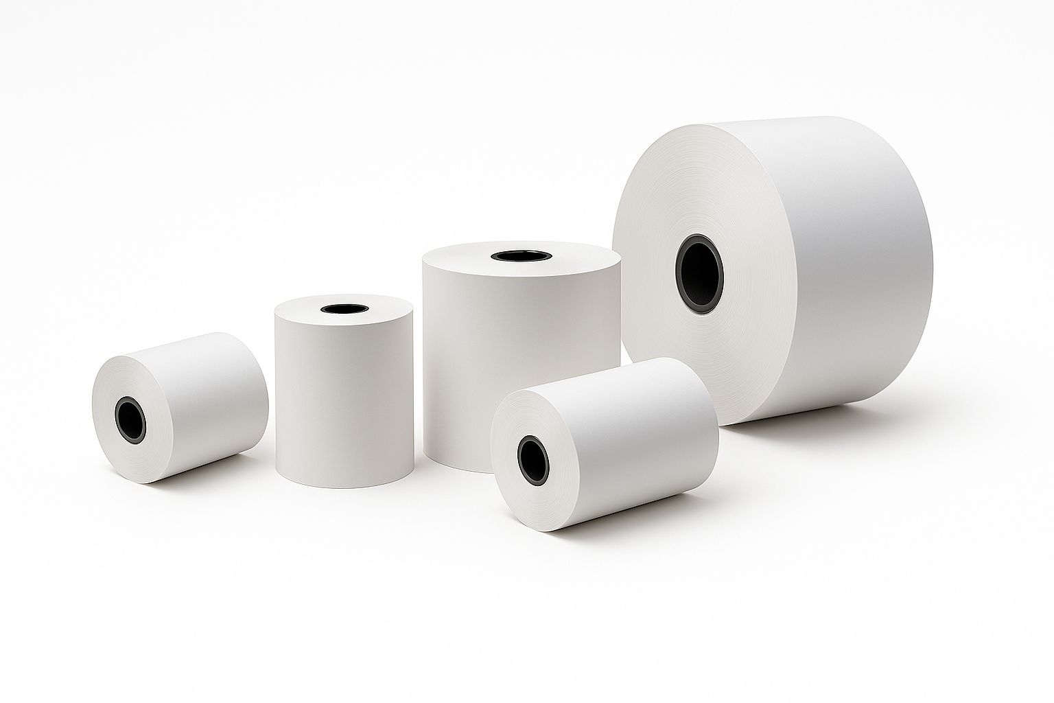 Five different shaped thermal paper rolls on white background.