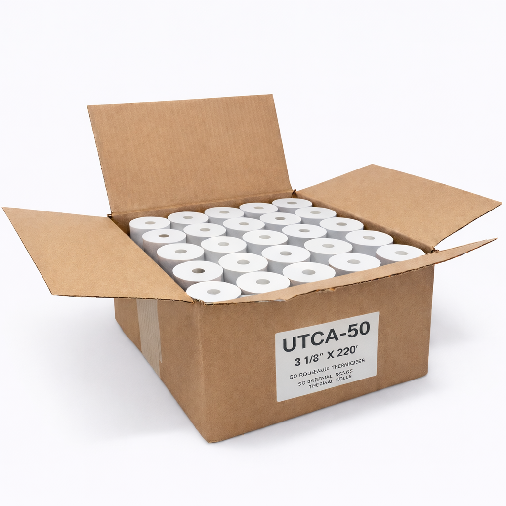 Cardboard box filled with coreless rolls of white thermal paper. 3 1/8 x 225 ft. 48 gsm. 50 rolls