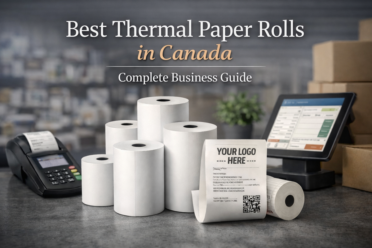 Thermal paper rolls Canada for POS systems with receipt printer and modern retail checkout setup