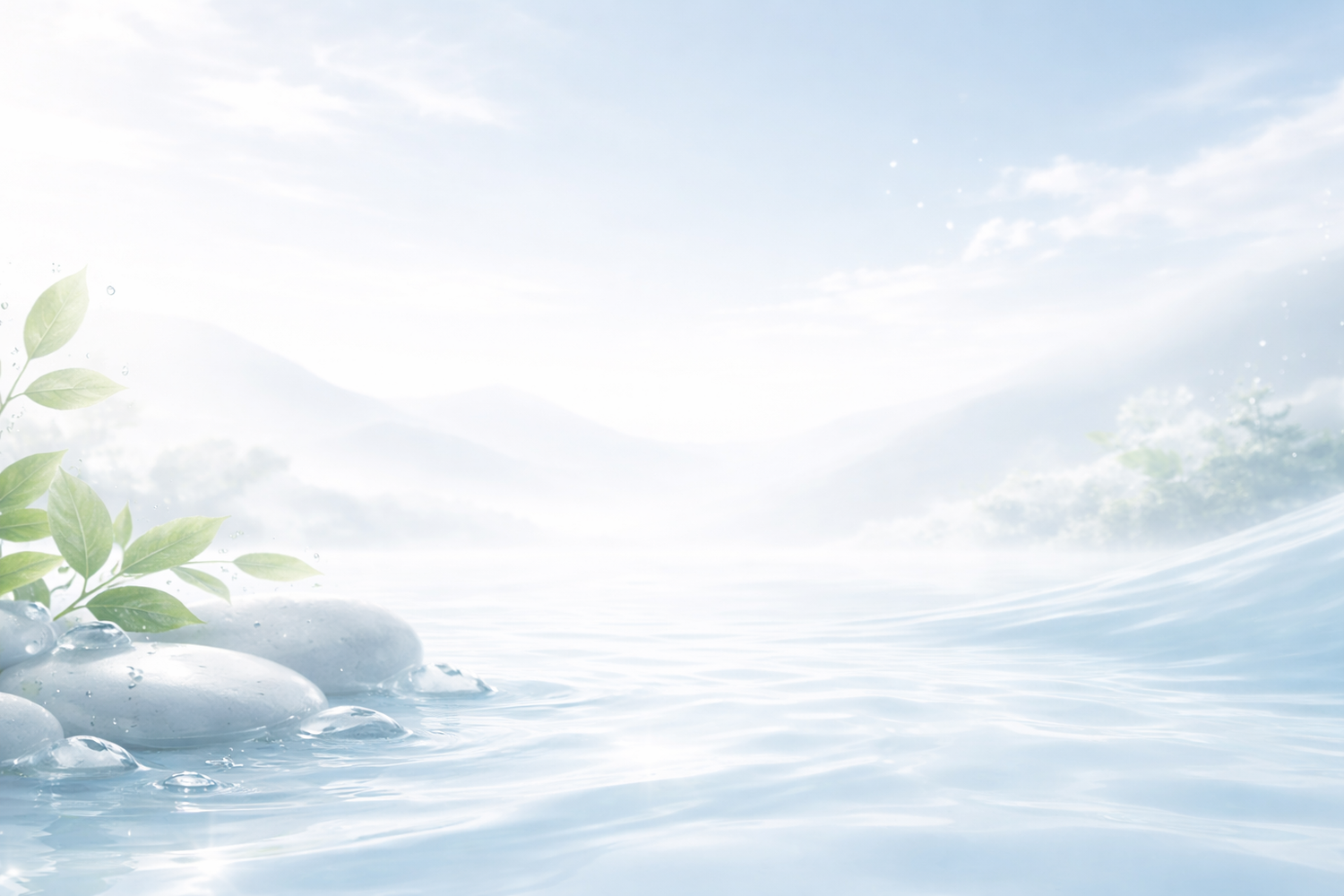 Peaceful scene with stones and leaves emerging from water on a light blue background