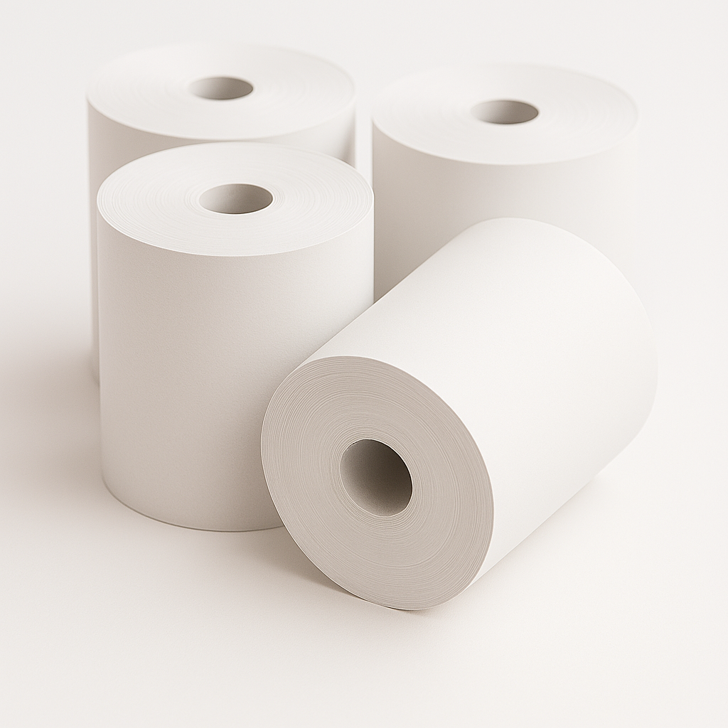 Four coreless thermal paper rolls on a light surface