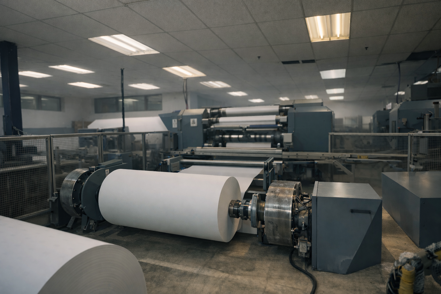 Paper manufacturing process with large jumbo thermal rolls of paper in a factory setting