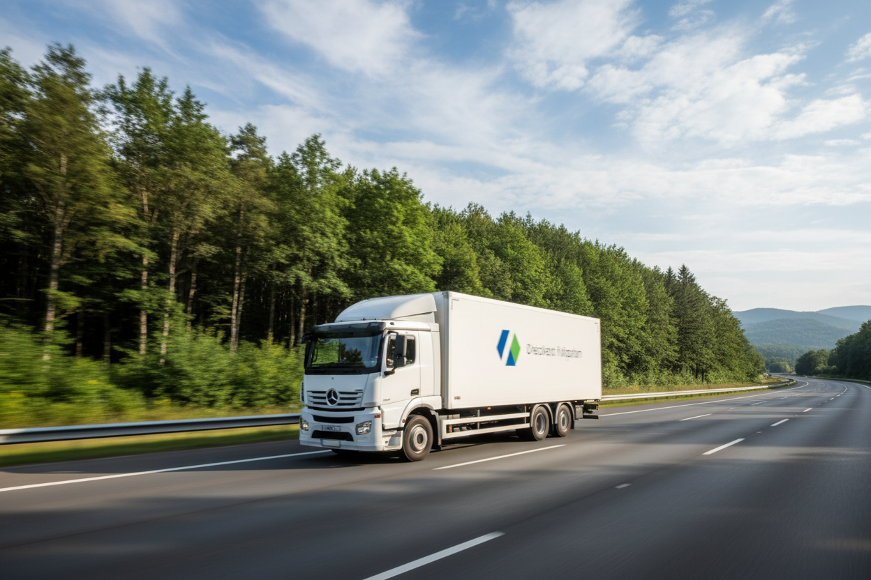 Delivery truck on freeway with trees