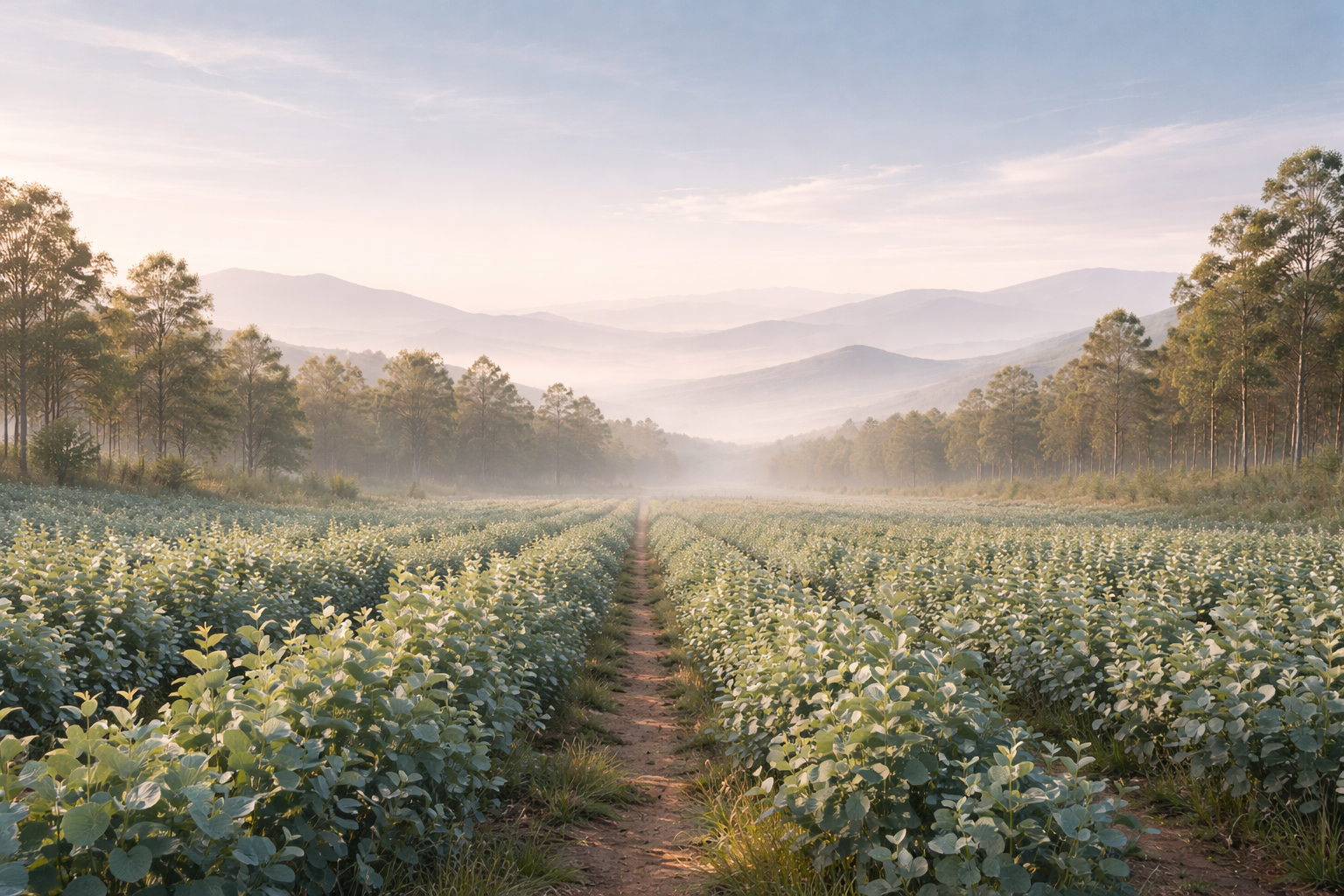 Field of eucalyptus crops with trees and mountains in the background