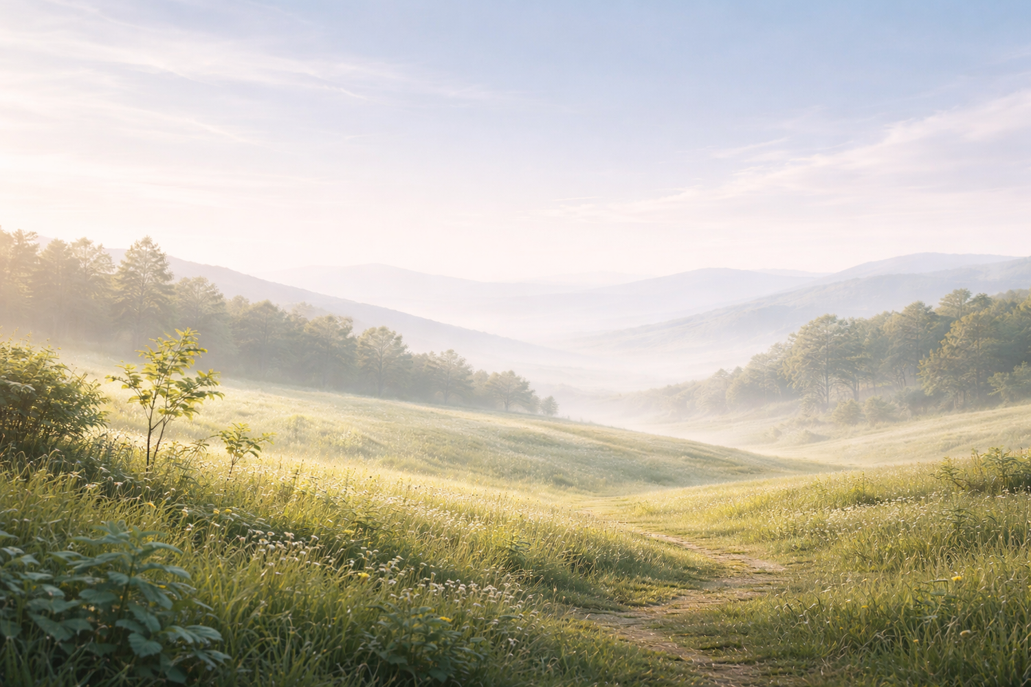 Misty morning landscape with a path through a grassy field and trees.