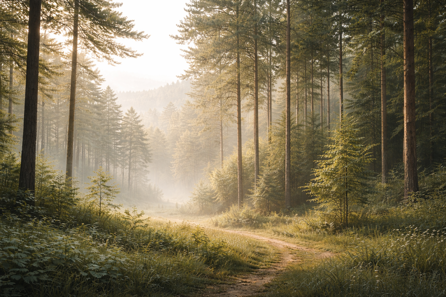 Wooden path through a misty forest with tall trees and soft light