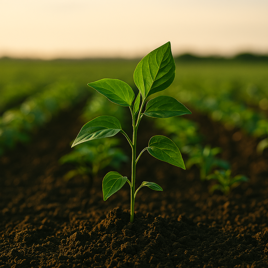 Young plant growing in soil with a blurred field background